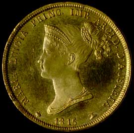 Figura 44 - Ducato di Parma e Piacenza. Maria Luigia (1815-1847). Lire 40 in oro del 1815 coniate nella zecca di Milano, con busto della duchessa al dritto. CNI IX, p. 553 n. 1