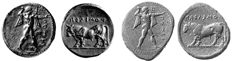 Figura 3 - Statere in oro di Poseidonia (falso, collezione G. Fortunato) e statere in argento di Poseidonia (Oxford, Ashmolean Museum).