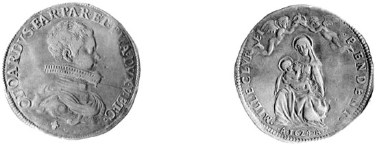 Figura 13 a,b - Parma. Odoardo Farnese duca V (1622-1646), ducatone, 1624 (cfr. CNI IX, p. 493 nn. 3 e ss.)