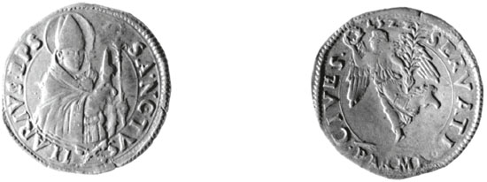 Figura 20 a,b - Parma. Adriano VI (1422-1423), mezzo giulio, 1422, (cfr. CNI IX, p. 418 n. 17)