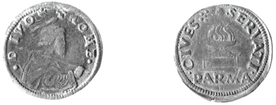 Figura 22 a,b - Parma. Adriano VI (1422-1423), mezzo giulio (cfr. CNI IX, tav. XXVII nn 28-29)