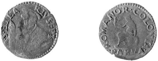 Figura 25 a,b - Parma. Sede Vacante 1523, mezzo giulio (cfr. CNI IX, p. 427 n. 3; g l,80; mm 20)