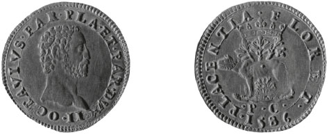 Figura 32 a,b - Piacenza. Ottavio Farnese, da due doppie, 1586 (cfr. CNI IX, p. 590 n.16; g 13,04)