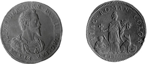 Figura 34 a,b - Piacenza. Alessandro Farnese, da due scudi largo, 1590 (cfr. CNI IX, p. 613 n. l3; g 63,78; mm 51)