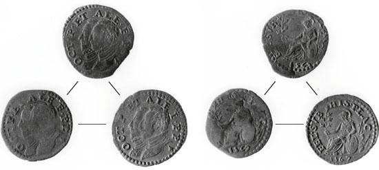 Figura 35 a,b - Piacenza. Ottavio e Alessandro Farnese, parpagliole, 1567 e 1569 (cfr. CNI IX, p. 598 nn. 3-10)