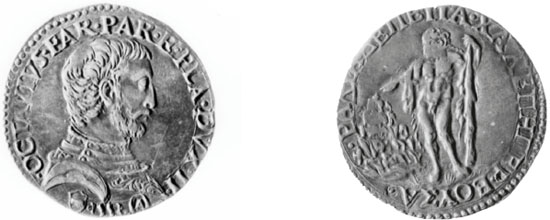 Figura 36 a,b - Parma. Ottavio Farnese, testone, 1552 (cfr. CNI IX, p. 437 nn. 10 e ss.; g 4,77; mm 26)