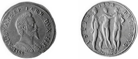 Figura 38 a,b - Parma. Alessandro Farnese, mezzo scudo; al rovescio, riutilizzato conio del periodo di Ottavio (CNI IX, p. 463 n. 15)