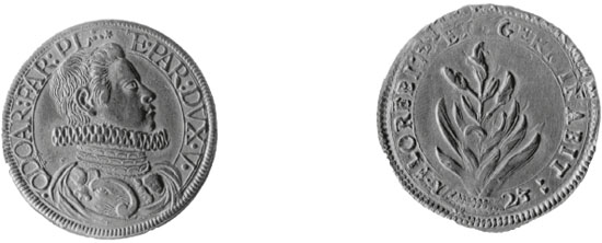 Figura 43 a,b - Piacenza. Odoardo Farnese duca V (1622-1646), da due doppie (CNI IX, p. 632 n. 4; g 13,20; mm 31)