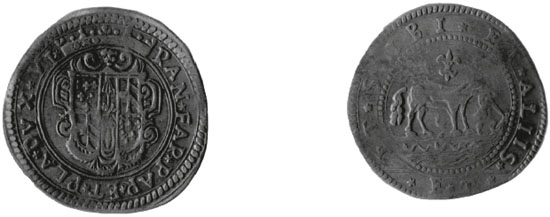 Figura 46 a,b - Parma. Ranuccio II Farnese duca VI (1646-1694), testone (CNI IX, p. 513 n. 32)