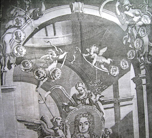 Figura 49 - Incisione dal terzo volume dell’edizione della Collezione Farnese ad opera di Paolo Pedrusi; la scena è ambientata all’interno del Duomo di Parma, decorato nei pennacchi da Gerolamo Bedoli Mazzola con figure allegoriche a monocromo