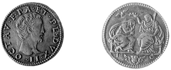 Figura 6 a,b - Parma. Ottavio Farnese duca II (1547-1586), quarto di scudo (CNI IX, p. 447 n. 93; g 8,80; mm 27)