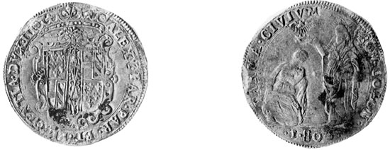 Figura 7 a,b - Parma. Alessandro Farnese duca III (1586-1591), ottanta soldi o quattro lire (CNI IX, p. 464 n. 23)