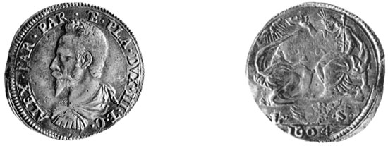 Figura 8 a,b - Parma. Ranuccio I Farnese duca IV (1592-1622), testone, 1604; utilizzati coni di Alessandro I (CNI IX, p. 483 n. 21)