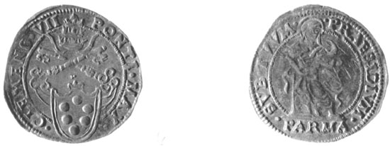 Figura 9 a,b - Parma. Clemente VII (1523-1534), mezzo giulio (CNI IX, p. 430 n. 21)