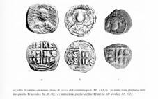 Figura 41 - Imitazioni pugliesi (b - c) di folles bizantini battuti a Costantinopoli (a) (da Travaini 2007)