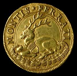 Figura 32 - Casale. Guglielmo II Paleologo marchese di Monferrato (1494-1518). Ducati quattro in oro con il tipo del cervo accovacciato al rovescio. CNI II, p. 103 n. 2; PANVINI 1961, p. 23 n. 27; RAVEGNANI III, p. 35 n. 1