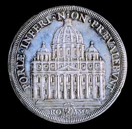 Figura 39 - Stato Pontificio. Innocenzo XI (1676-1689). Piastra in argento con al rovescio la facciata della basilica di San Pietro, opera di G. Hamerani (anno II, 1677-1678). CNI XVI, p. 432 n. 17; MUNTONI III, p. 9 n. 38