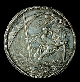 Figura 41 - Stato Pontificio. Clemente XI (1700-1721). Piastra in argento dell’anno VI di pontificato (1705-1706) con San Pietro al timone sulla navicella al rovescio. CNI XVII, p. 13 n. 76