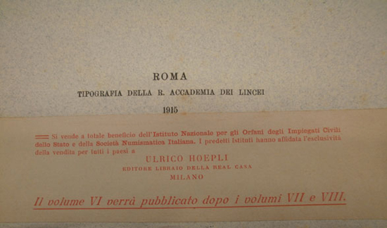 Figura 1 - Particolare del frontespizio del volume VI del Corpus, proprietà Ditta Rinaldi Numismatica, Verona