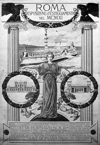 Figura 1 - Roma 1911. Esposizione Internazionale. Locandina pubblicitaria della 'nave romana' (da AA.VV. 1983, p. 14)